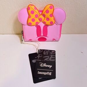 Loungefly OS Minnie Mouse Wallet Pink Yellow Polka Dot Bow Applique Ears New